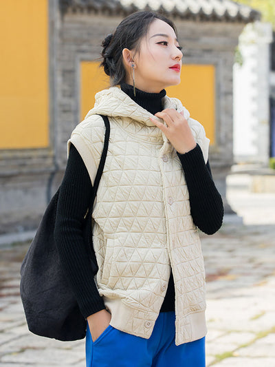 Women Winter Artsy Solid Button Pocket Hooded Vest