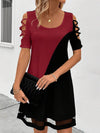 A-Line Loose Contrast Color Hollow Mesh Split-Joint Cold Shoulder Mini Dresses