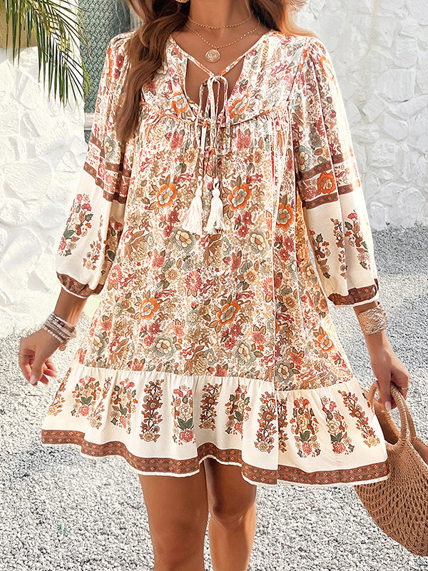 A-Line Loose Contrast Color Drawstring Flower Print Pleated Split-Joint V-Neck Mini Dresses