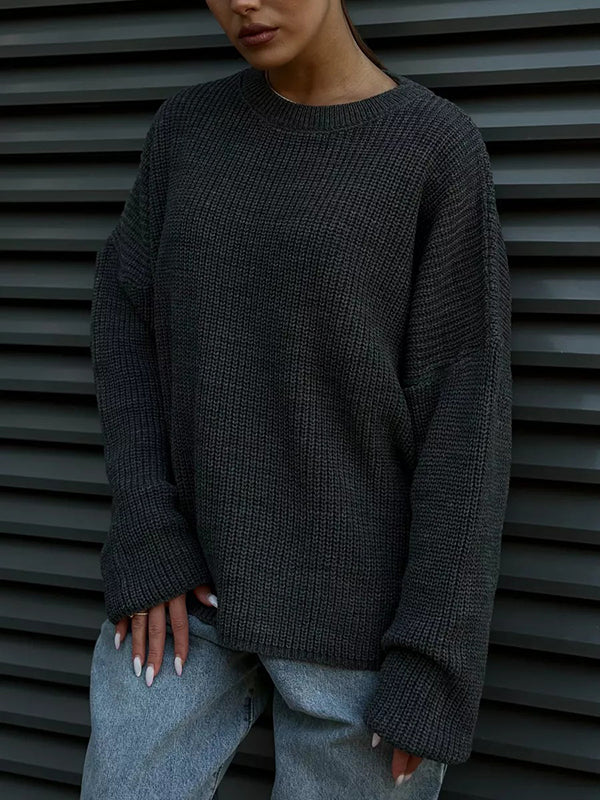 Long Sleeves Loose Solid Color Split-Joint Round-Neck Sweater Tops