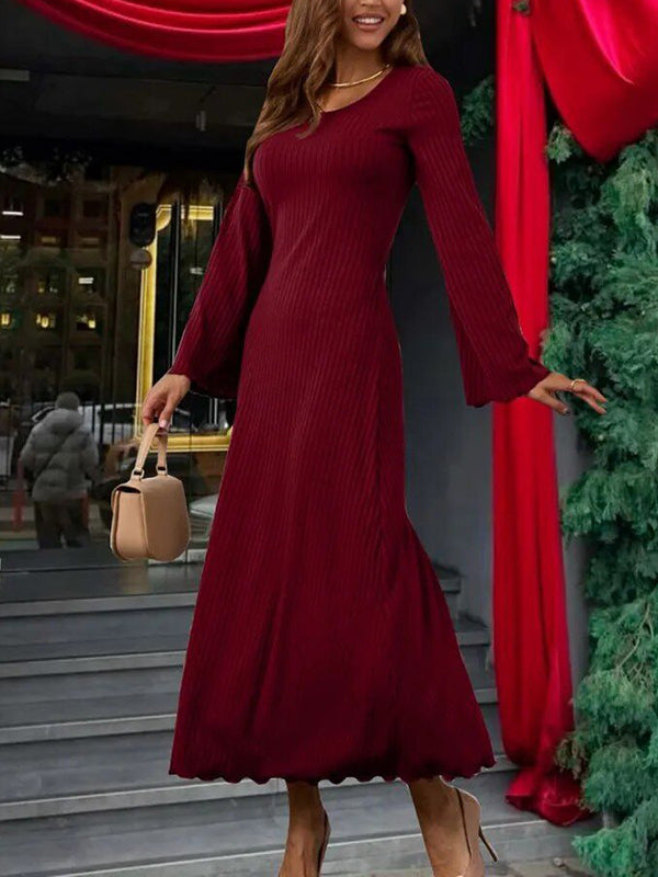 Long Sleeves Pleated Ruffled Solid Color Split-Joint Round-Neck Maxi Dresses