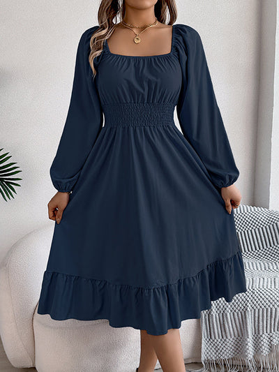 A-Line Elasticated Waist Pleated Ruffled Solid Color Square-Neck Midi Dresses