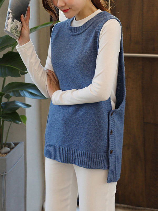 Simple Sleeveless Loose Buttoned Solid Color Round-Neck Sweater Vest Outerwear