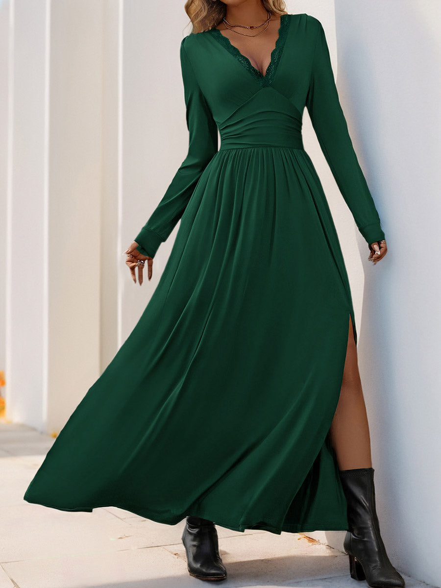 A-Line High Waisted Pleated Solid Color Split-Side V-Neck Maxi Dresses