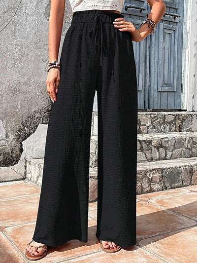 Loose Wide Leg Drawstring Elasticity Solid Color Split-Joint Pants Trousers