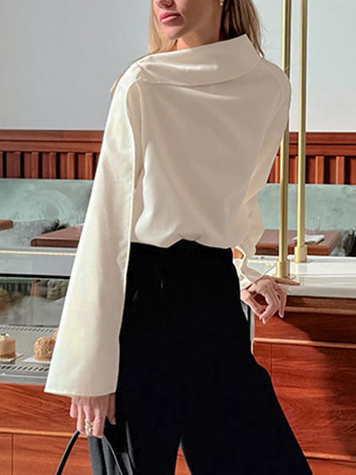 Long Sleeves Solid Color Asymmetric Collar Blouses&Shirts Tops
