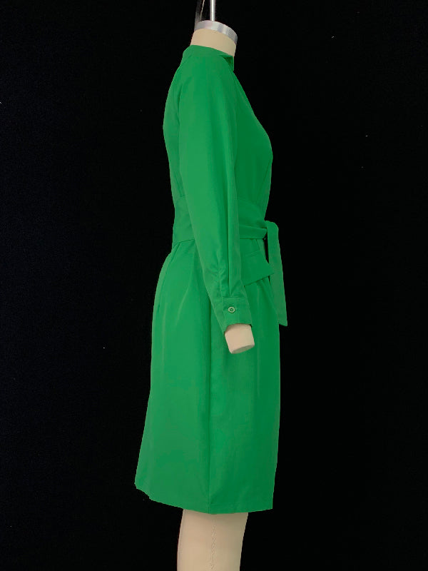 Long Sleeves Solid Color Tied Waist Deep V-Neck Mini Dresses