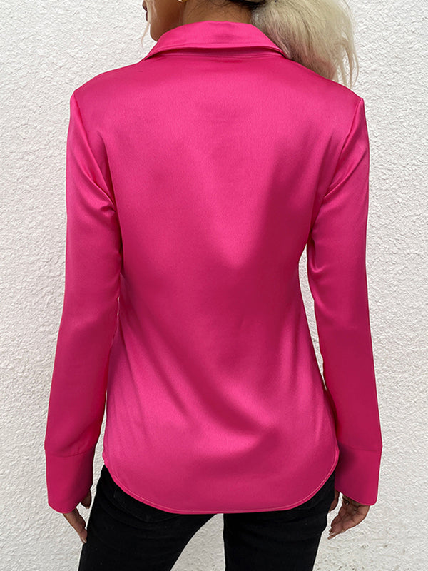 Long Sleeves Loose Buttoned Solid Color Lapel Blouses&Shirts Tops