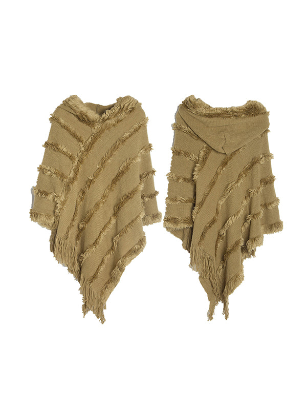Hooded Keep Warm Solid Color Tasseled Cape Shawl&Cloak