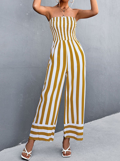 Loose Sleeveless Contrast Color Elasticity Striped Tube Jumpsuits