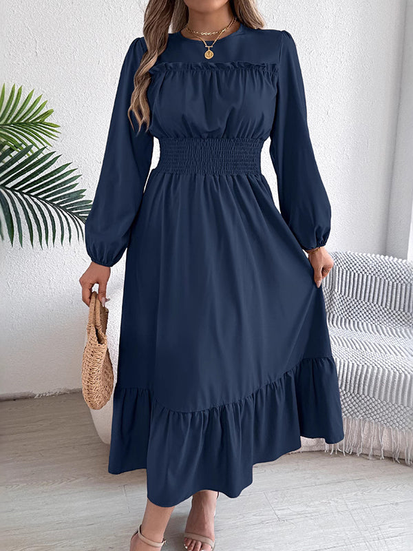 A-Line Elasticated Waist Pleated Solid Color Round-Neck Maxi Dresses