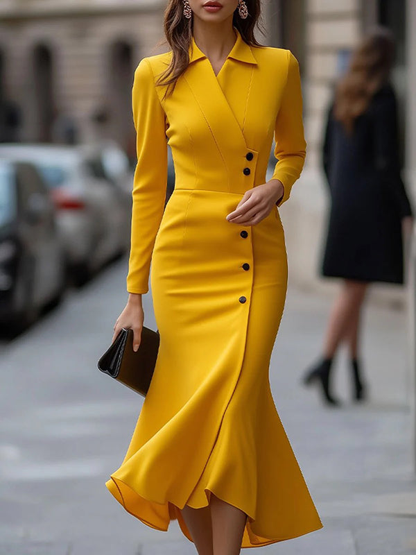 Bodycon High-Low Buttoned Solid Color Lapel Midi Dresses