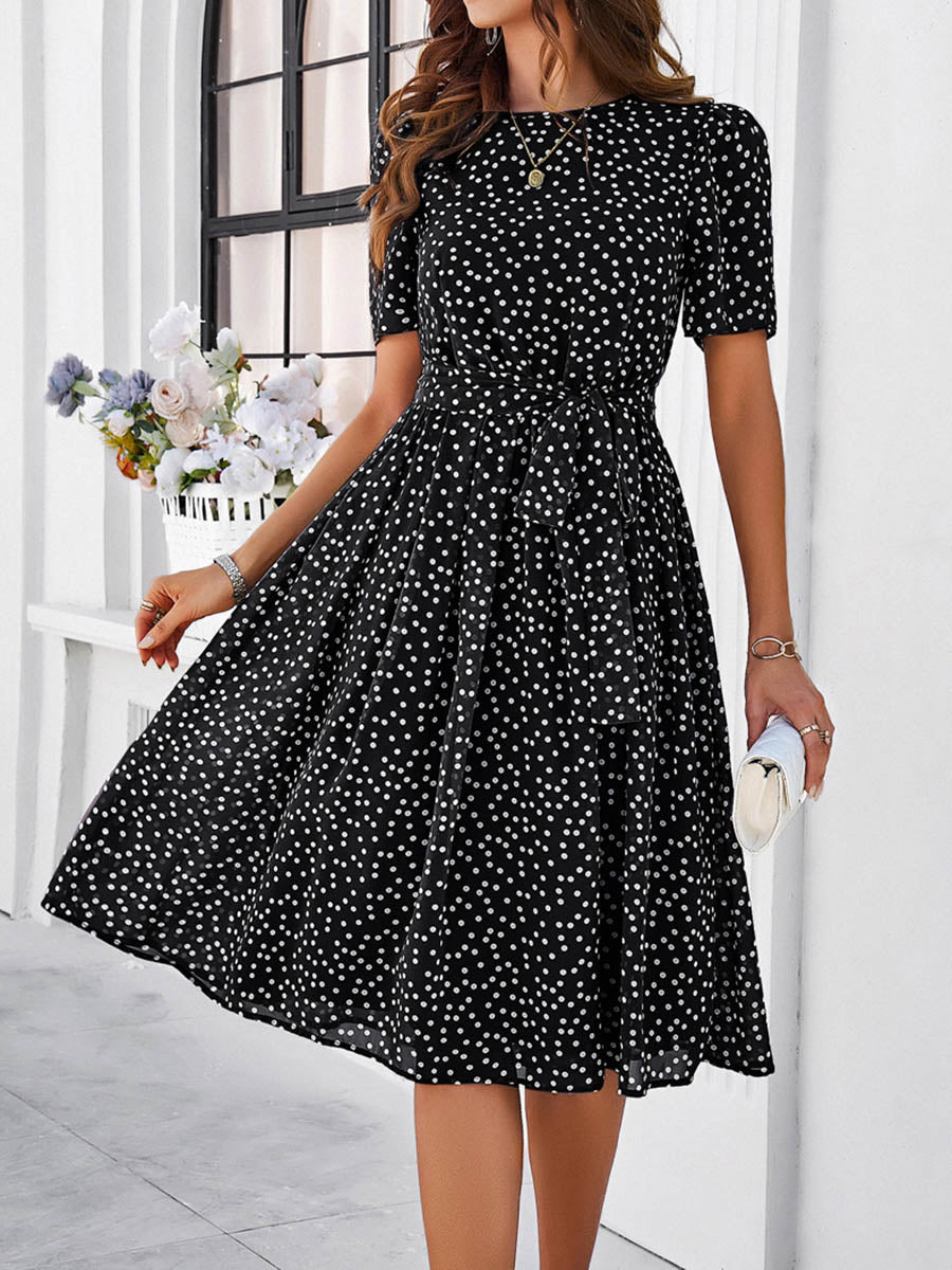 A-Line Elasticated Waist Contrast Color Polka Dot Split-Joint Tied Waist Round-Neck Midi Dresses