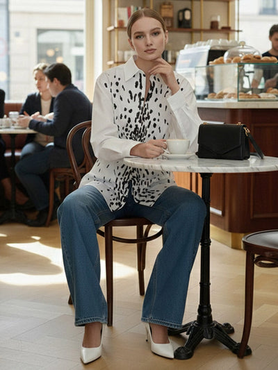 Long Sleeves Loose Brooch Elasticity Heart Shape Pleated Print Lapel Collar Blouses&Shirts Tops
