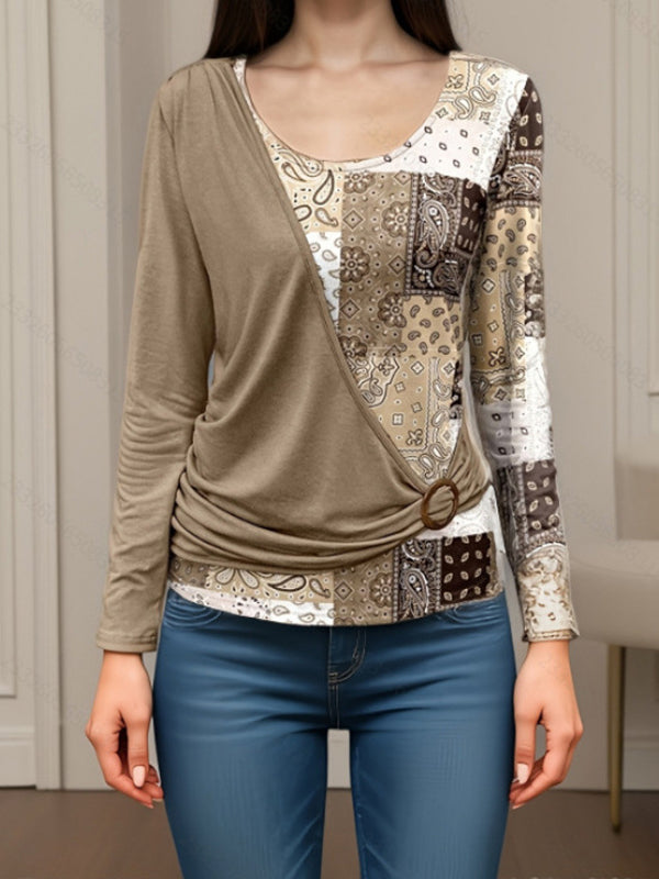 Irregularity Long Sleeves Asymmetric Buckle Contrast Color Pleated Split-Joint Round-Neck T-Shirts Tops