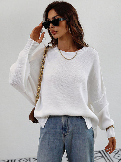 Casual Long Sleeves Loose Split-Side Solid Color Round-Neck Sweater Tops