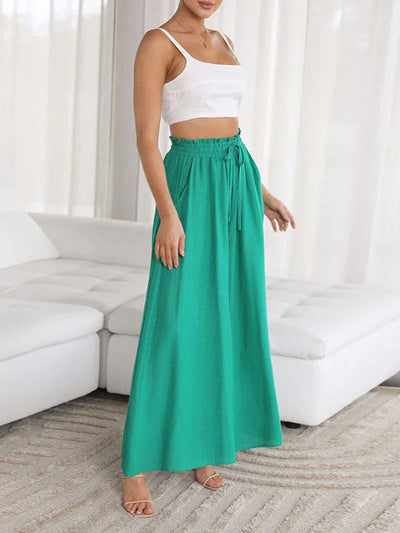 High Waisted Loose Drawstring Elasticity Pockets Solid Color Pants Trousers