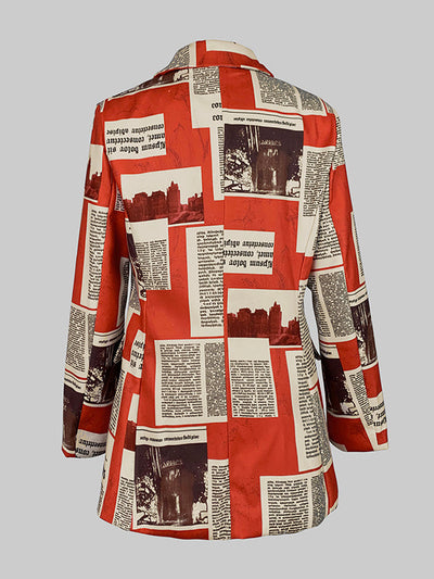 Long Sleeves Loose Buttoned Newspaper Print Pockets Split-Joint Notched Collar Blazer Outerwear