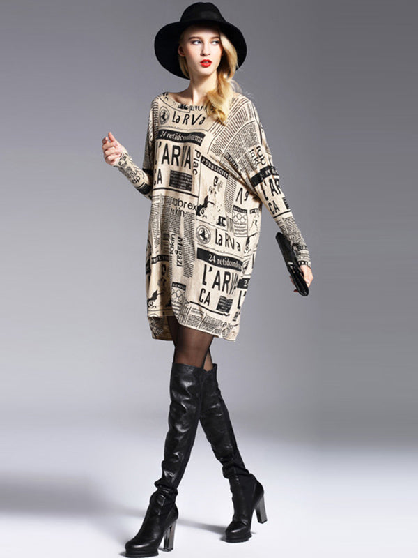 Vintage Loose One-Shoulder Newspaper Printed Split-Joint Sweater
