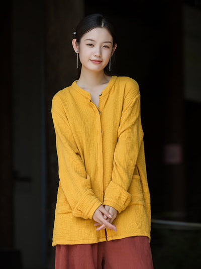 Women Vintage Autumn Solid O-Neck Shirt Coat