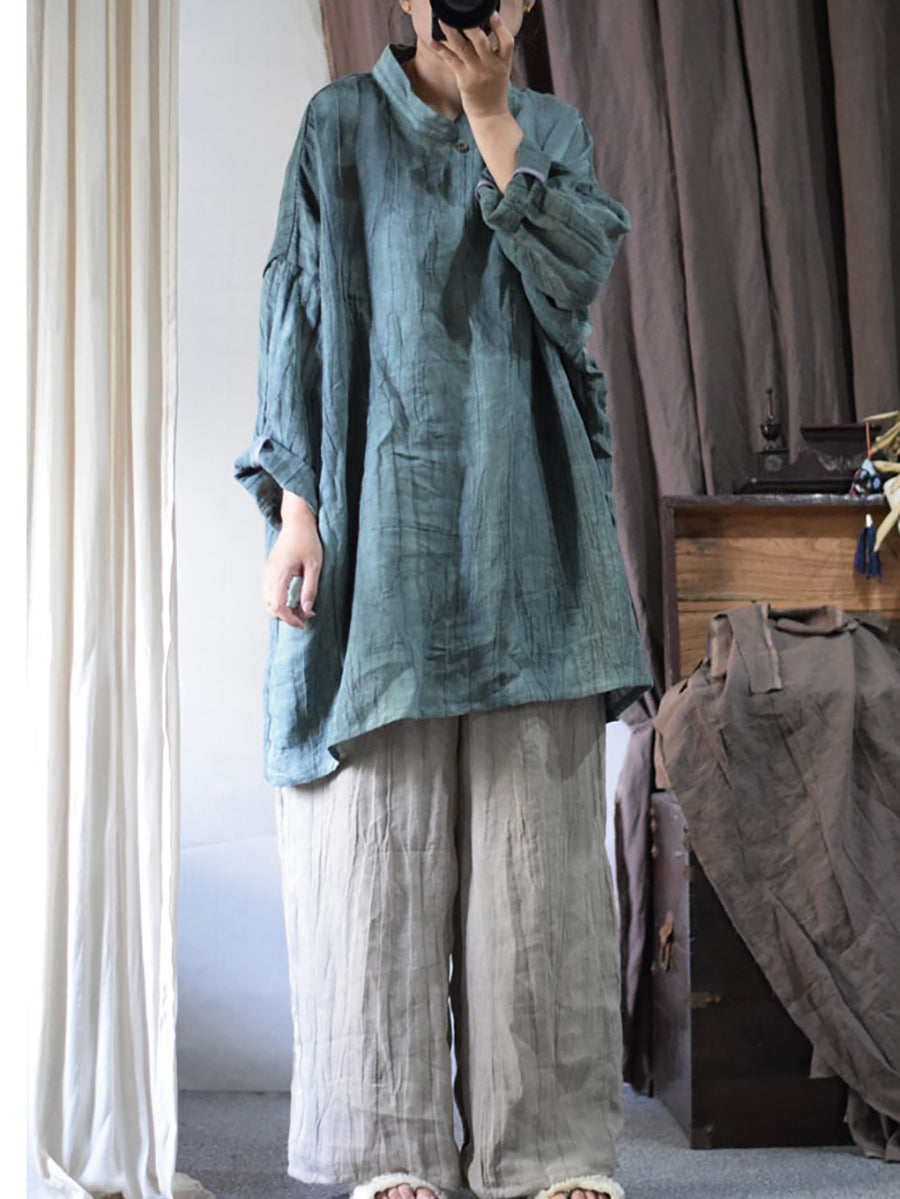 Plus Size Women Vintage Solid Linen Loose Long Blouse