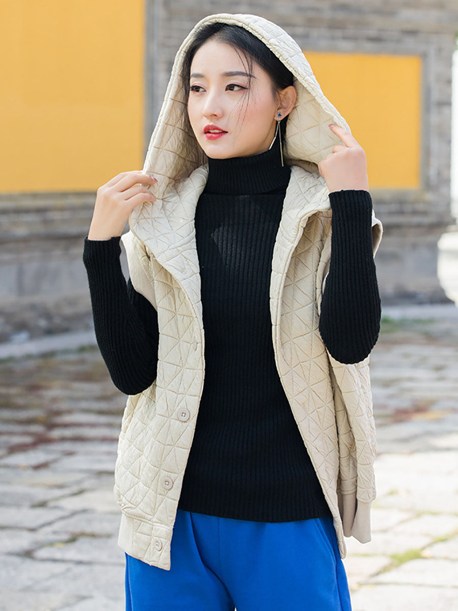 Women Winter Artsy Solid Button Pocket Hooded Vest