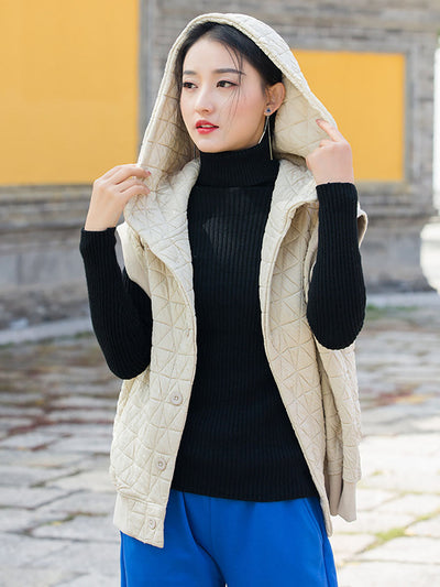 Women Winter Artsy Solid Button Pocket Hooded Vest