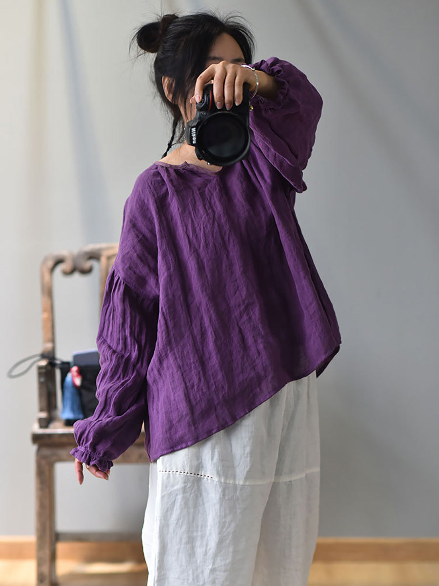 Plus Size Women Spring Retro V-Neck Puff Sleeve Shirt