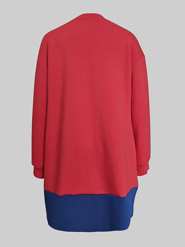 Long Sleeves Loose Contrast Color Pockets Split-Joint Zipper Round-Neck Midi Dresses