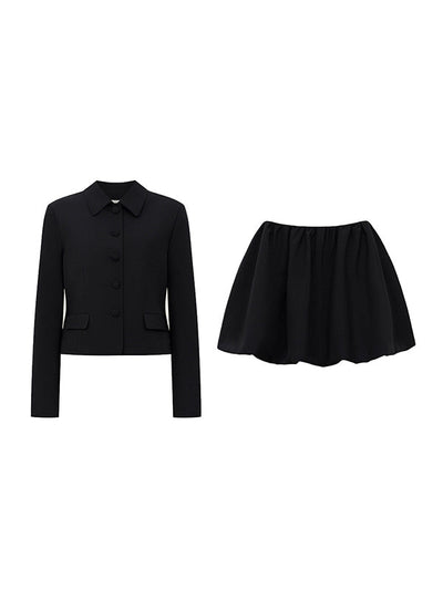 Solid Color Split-Joint Lapel Long Sleeves Blazer Suits + Pleated Mini Skirts Two Pieces Set