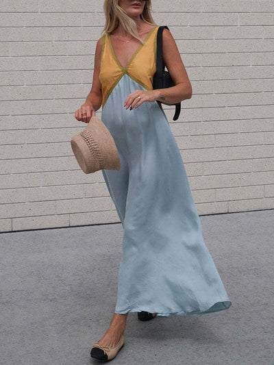 Loose Sleeveless Contrast Color Split-Joint Deep V-Neck Maxi Dresses