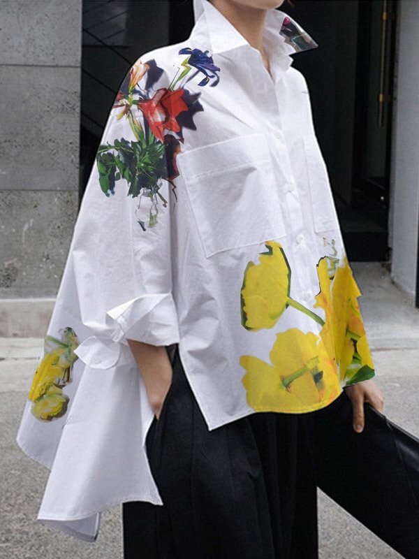 High-Low Long Sleeves Buttoned Flower Print Pockets Split-Side Stand Collar Blouses&Shirts Tops