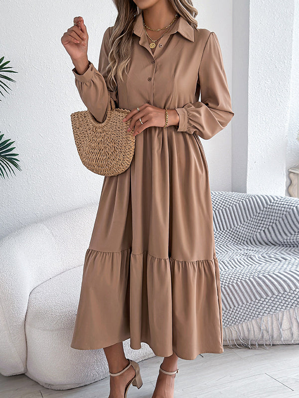 High Waisted Long Sleeves Pleated Ruffled Solid Color Lapel Midi Dresses Shirt Dress