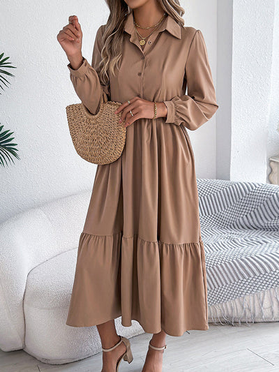 High Waisted Long Sleeves Pleated Ruffled Solid Color Lapel Midi Dresses Shirt Dress