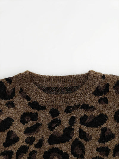 Long Sleeves Loose Leopard Round-Neck Sweater Tops