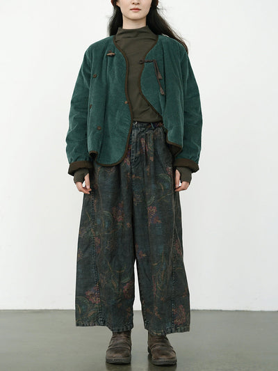 Plus Size Women Winter Retro Flower Denim Spliced Wide-leg Pants