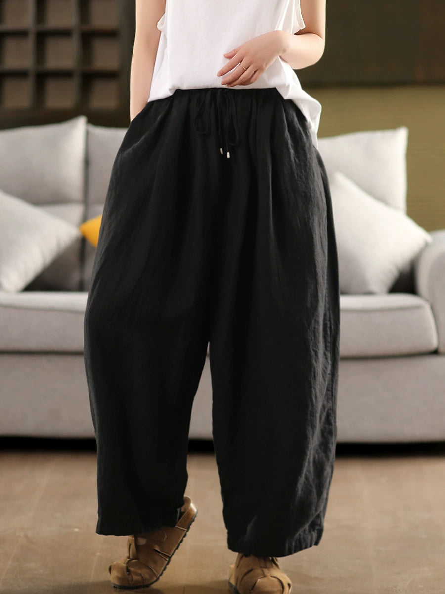 Plus Size Women Summer Casual Pure Color 100%Linen Wide-leg Pants