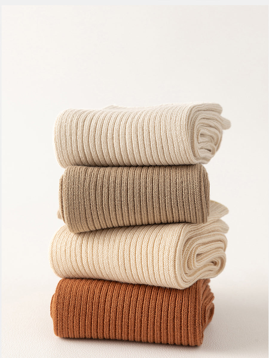 5 Pairs Women Casual Pure Color Mid-Heel Cotton Socks