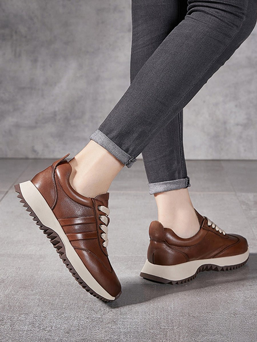 Women Autumn Casual Pure Color Leather Sport Shoes