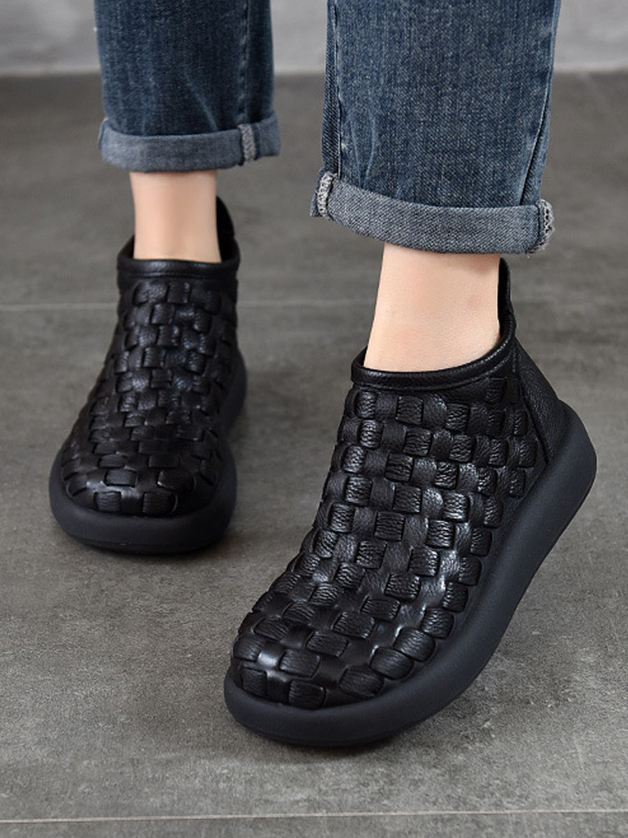 Women Retro Genuine Leather Weave Ankle Boots
