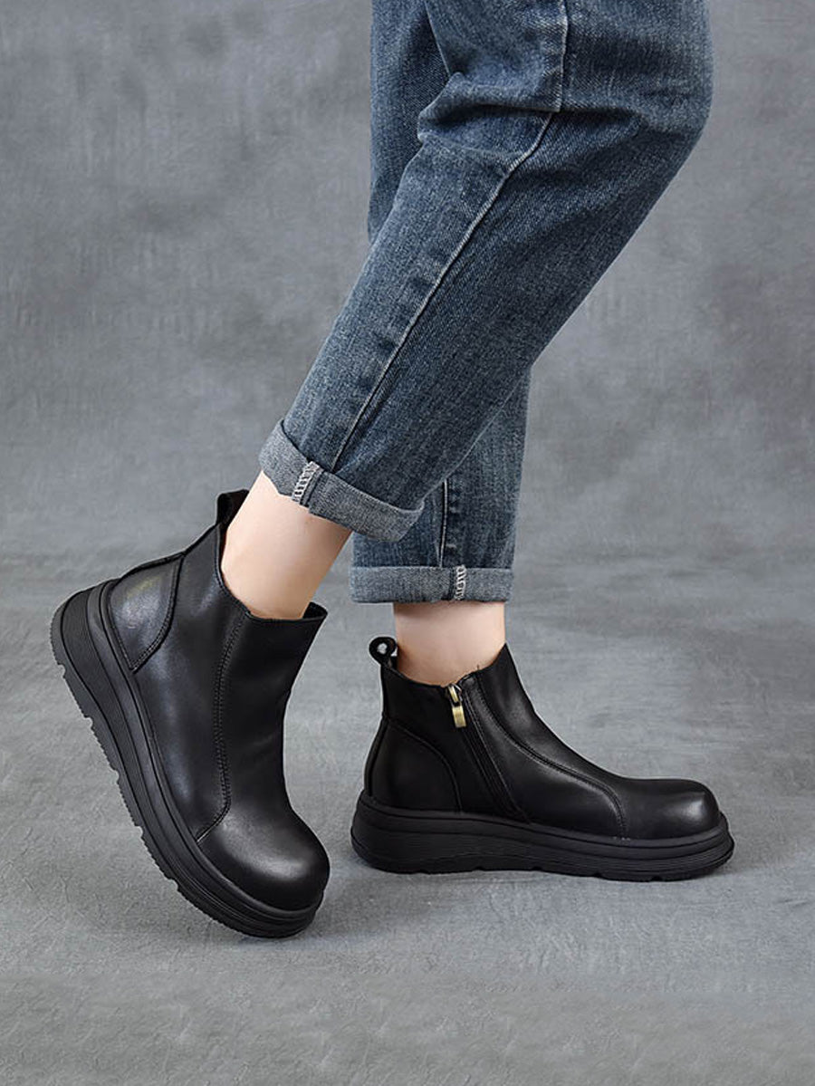 Women Winter Pure Color Leather Platform Chelsea Boots