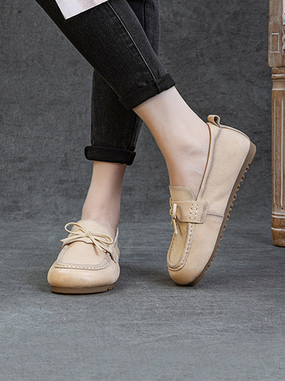 Women Retro Genuine Leather Pure Color Flat Shoes