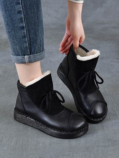 Women Vintage Genuine Leather Spliced Fleece-lined Boots