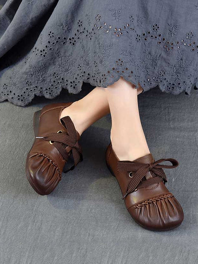 Women Casual Leather Spliced Strap Low Heel Shoes