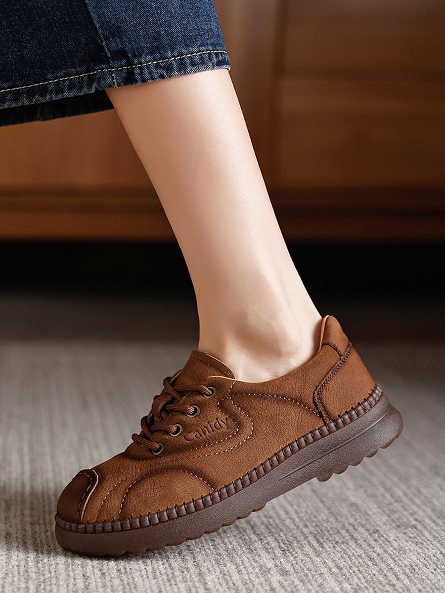 Women Autumn Leather Spliced Strap Flat Shoes