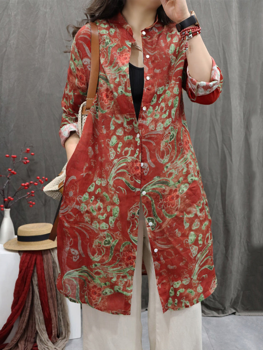 Plus Size Women Vintage Flower Stand Collar 100%Linen Long Shirt