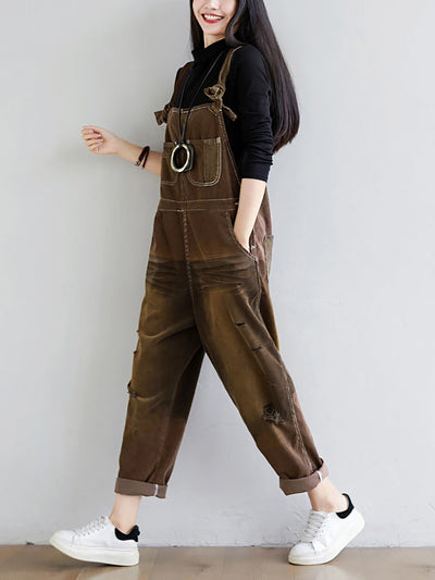 Women Retro Colorblock Autumn Denim Jumpsuits