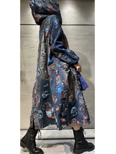 Women Autumn Vintage Flower Hooded Denim Long Coat