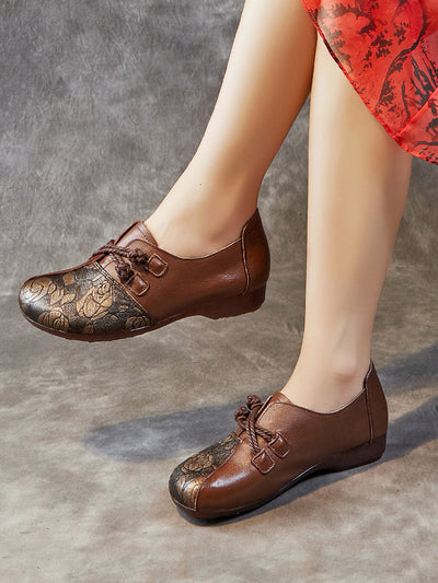 Women Retro Flower Leather Spliced Low Heel Shoes