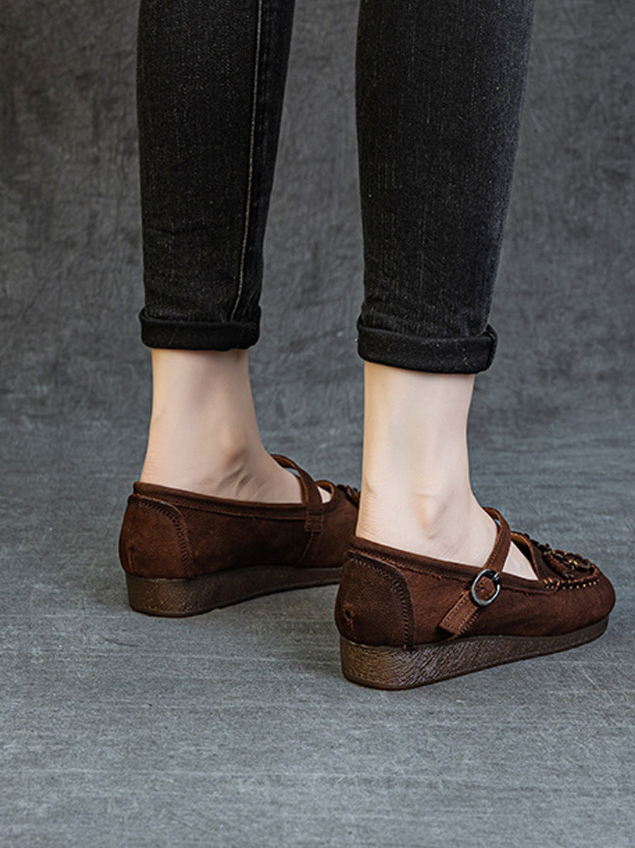 Women Summer Vintage Flower Leather Low Heel Shoes